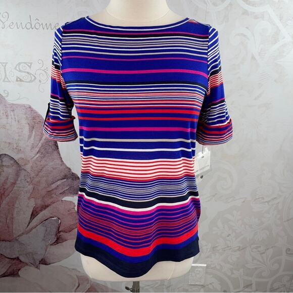 Liz Claiborne NWT Striped T-shirt button up sleeves - Picture 1 of 8